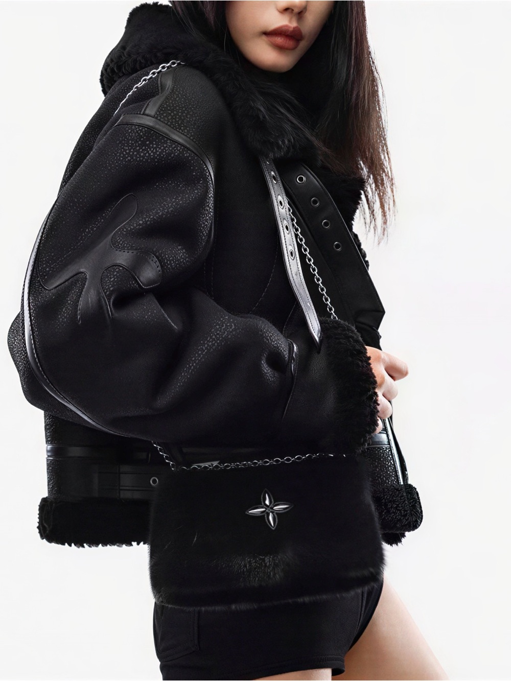SMFK Black Pony Hair Compass Shoulder Bag Chain Purse (discontinued)